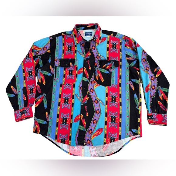 Wrangler Other - Vintage 80s/90s Wrangler Western Button-Up Shirt XL Bold Aztec Feather Print